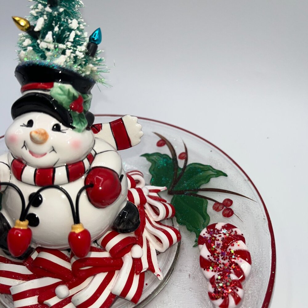 Vintage Ceramic Snowman With Bottle Brush Tree String Light Hat Candy Cane OOAK - Picture 12 of 16